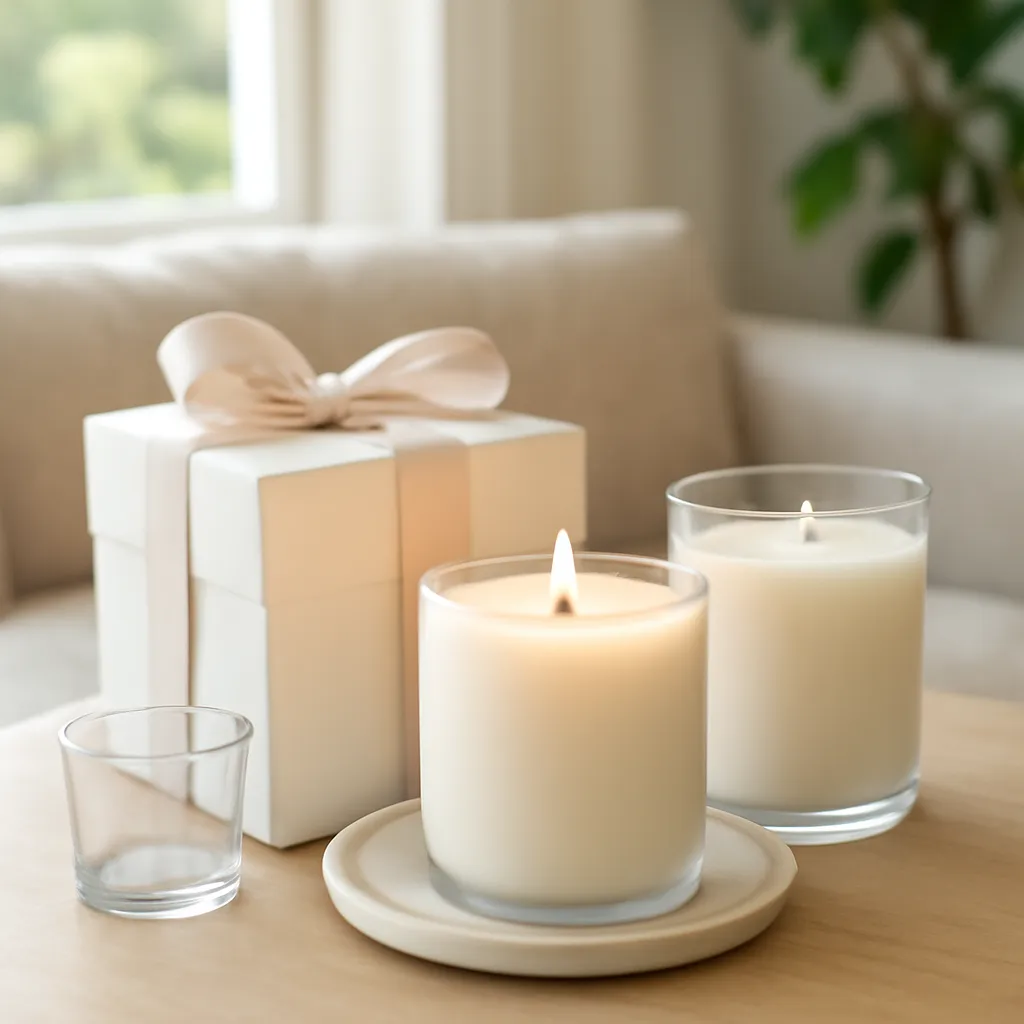 Commercial CTA image: gift-ready scented candle presentation related to well-ventilated room with carefully used candle, premium ecommerce photography, no text