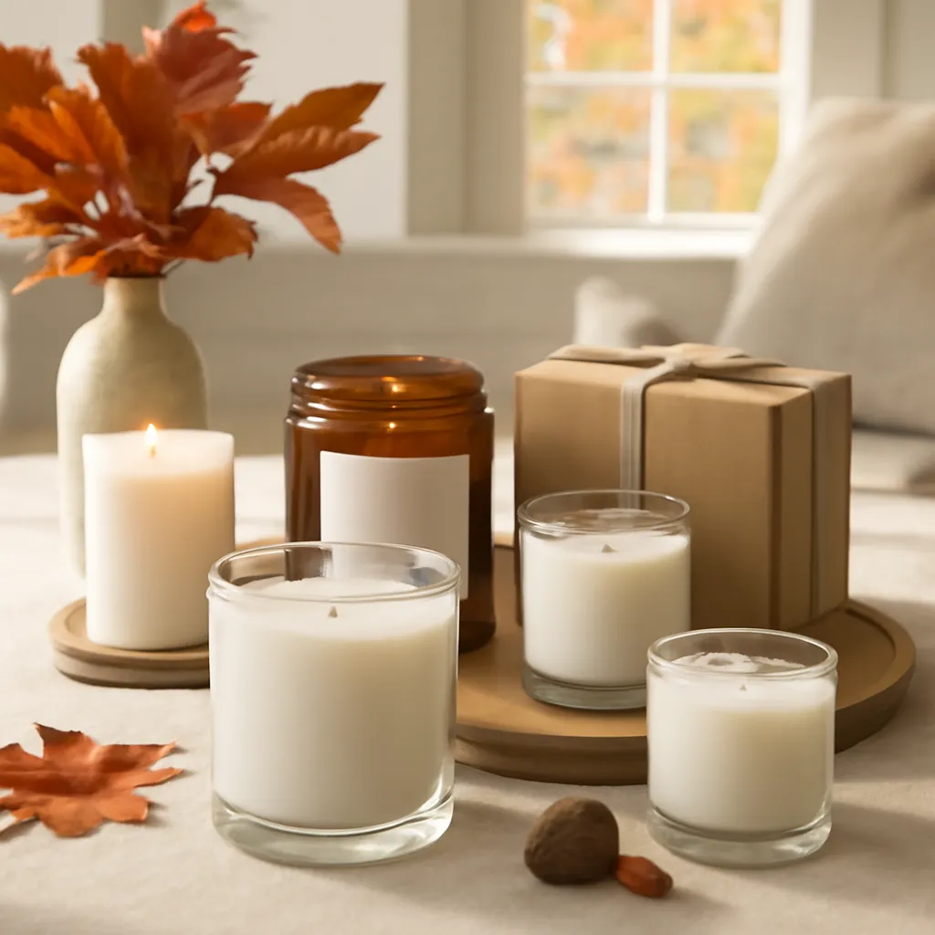 Commercial CTA image: elegant fall candle product presentation related to educational autumn candle setup, gift-ready styling, premium ecommerce photography, no text