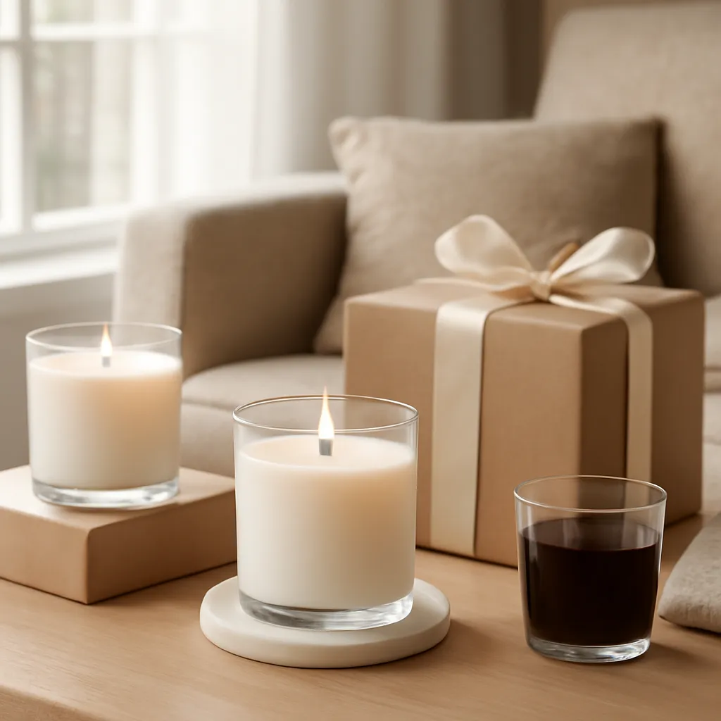 Commercial CTA image: gift-ready scented candle presentation related to cozy coffee candle in a café-inspired reading nook, premium ecommerce photography, no text