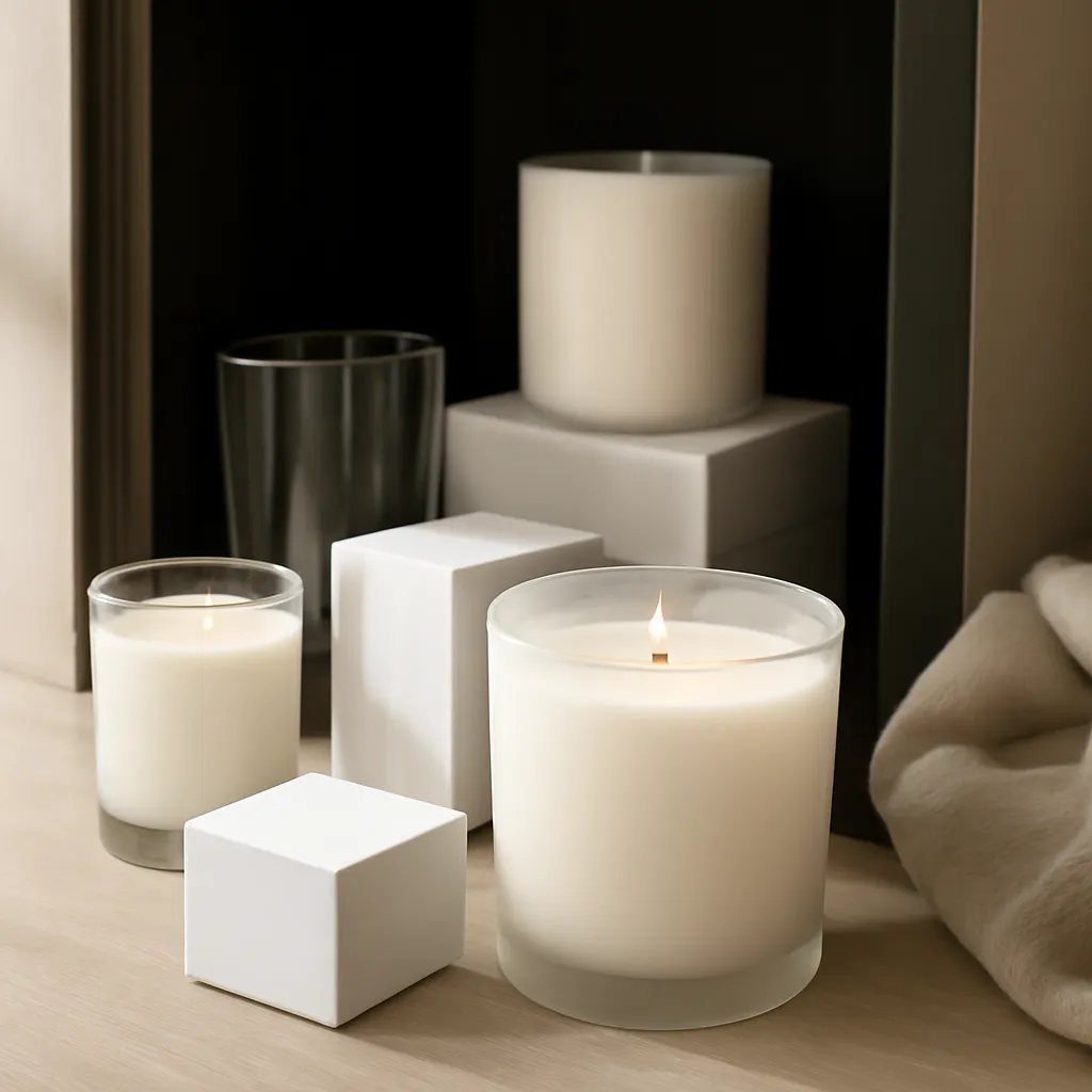 Commercial CTA image: premium scented candle presentation related to properly stored candles in a cool dark cabinet, gift-ready ecommerce styling, no text