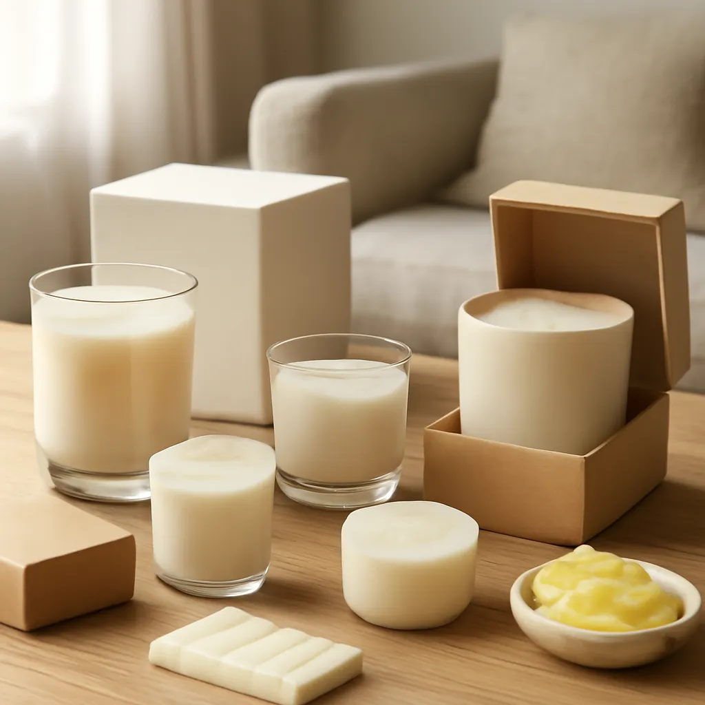 Commercial CTA image: premium scented candle presentation related to natural-style candle labels and several wax materials, gift-ready ecommerce styling, no text