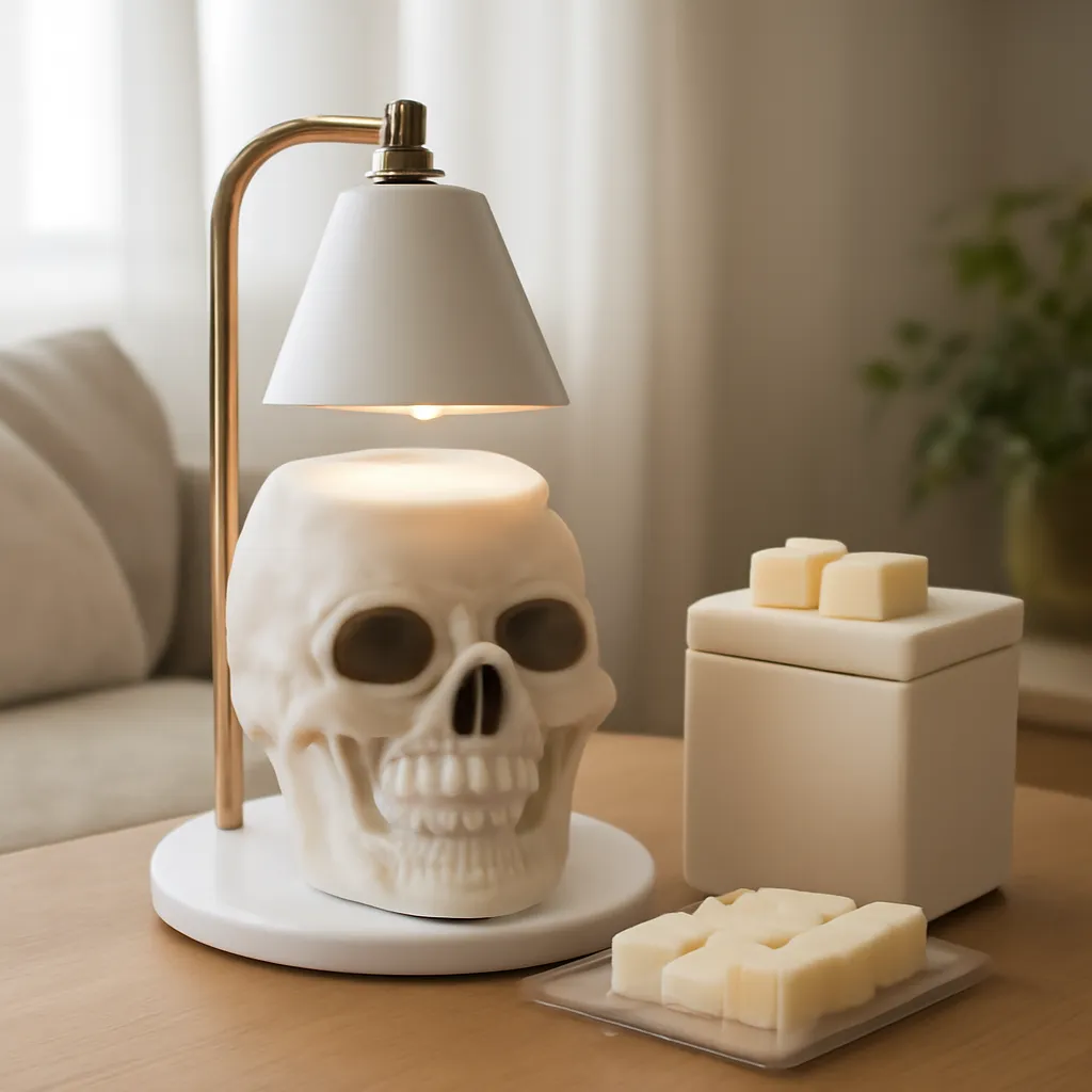 Commercial CTA image: gift-ready Skull Candle Warmer Lamp or skull wax warmer related to skull tart warmer with neatly portioned wax tarts, premium ecommerce photography, no text