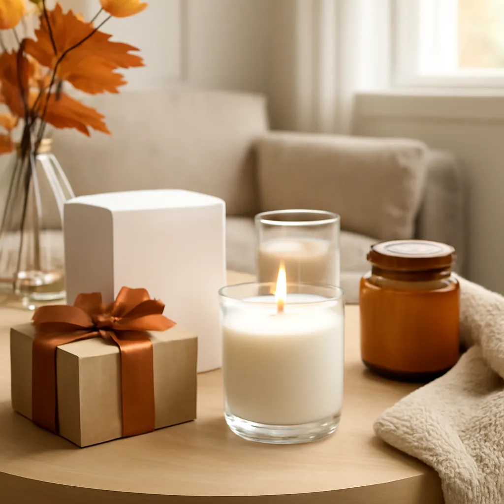 Commercial CTA image: elegant fall candle product presentation related to small stylish apartment with subtle candle fragrance, gift-ready styling, premium ecommerce photography, no text