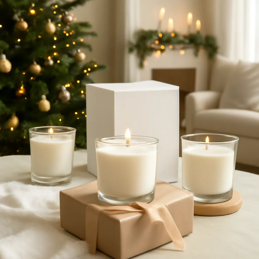 Commercial CTA image: gift-ready scented candle presentation related to elegant Christmas home with festive candles, premium ecommerce photography, no text