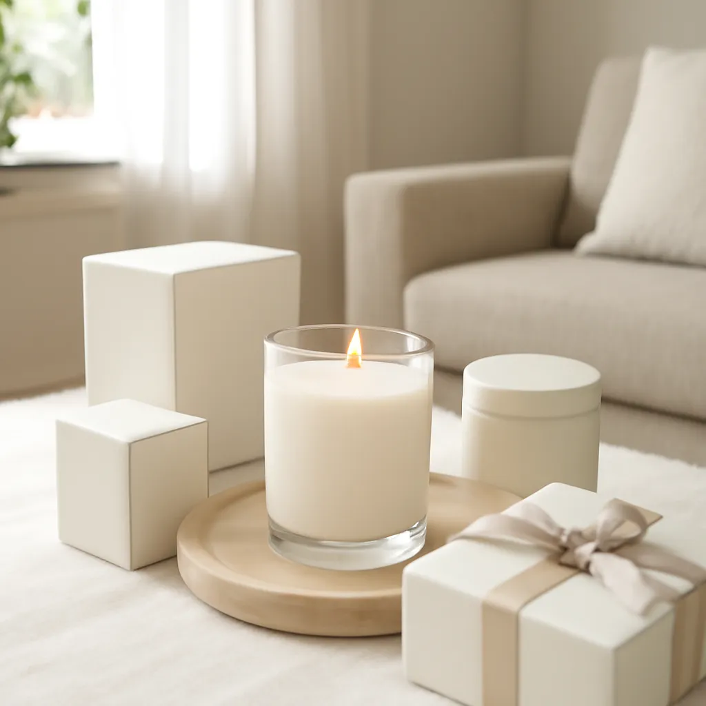 Commercial CTA image: premium scented candle presentation related to careful candle use in a clean and well-ventilated room, gift-ready ecommerce styling, no text