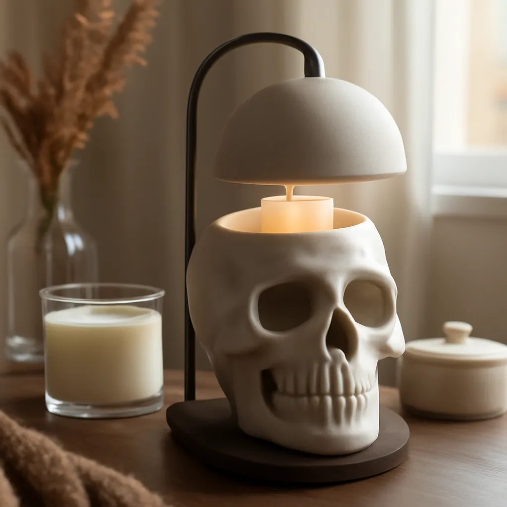 Commercial CTA image: gift-ready Skull Candle Warmer Lamp or skull wax warmer related to premium electric skull wax warmer in a dark seasonal setup, premium ecommerce photography, no text