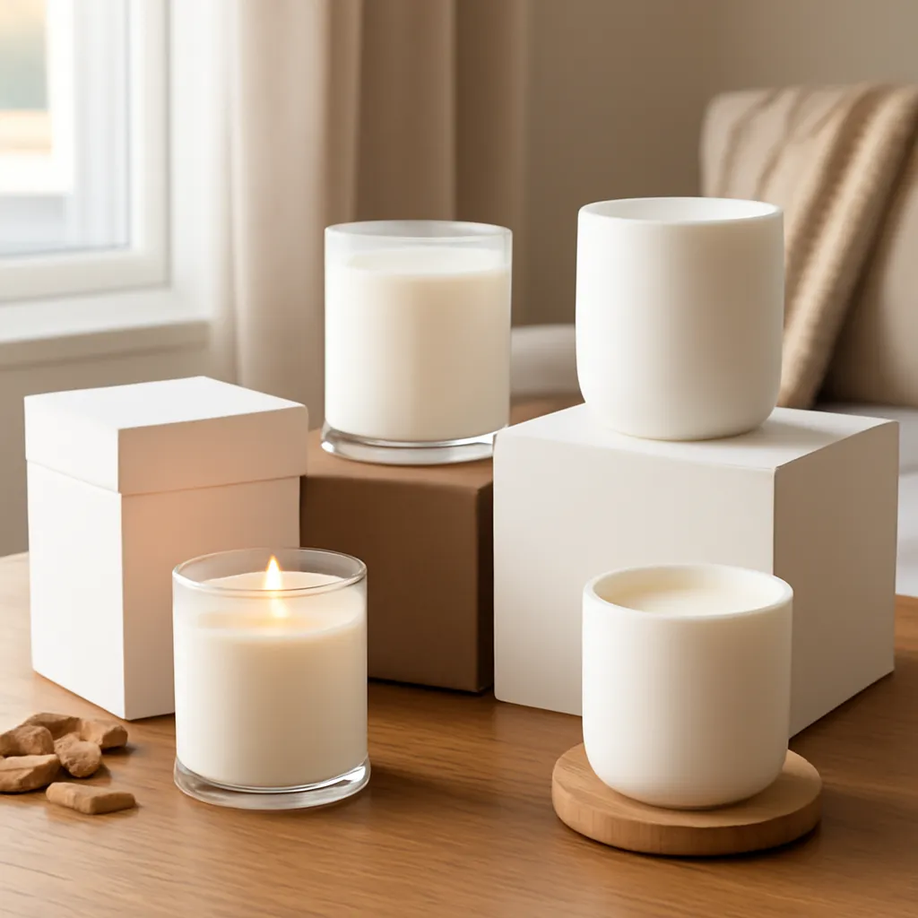 Commercial CTA image: elegant fall candle product presentation related to organized six-candle seasonal wardrobe, gift-ready styling, premium ecommerce photography, no text