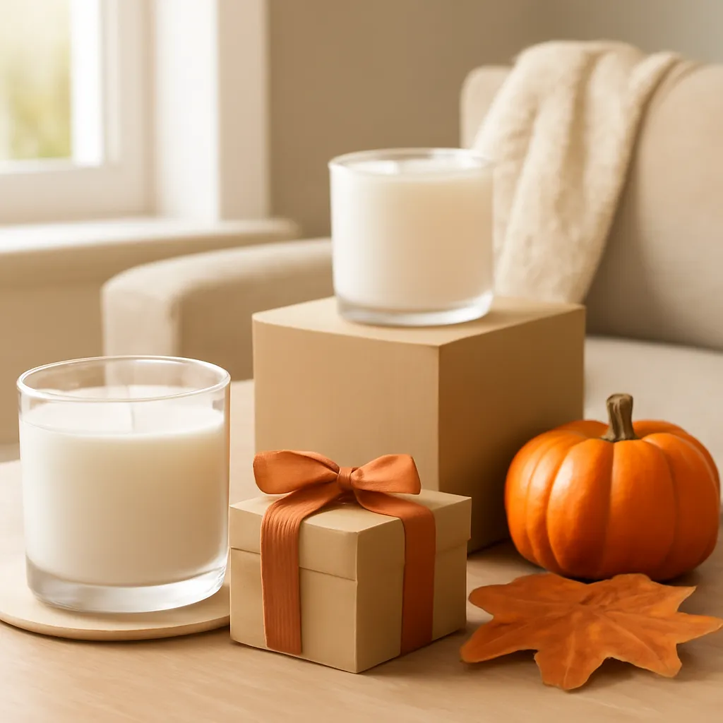 Commercial CTA image: elegant fall candle product presentation related to fall versus autumn search-language comparison, gift-ready styling, premium ecommerce photography, no text