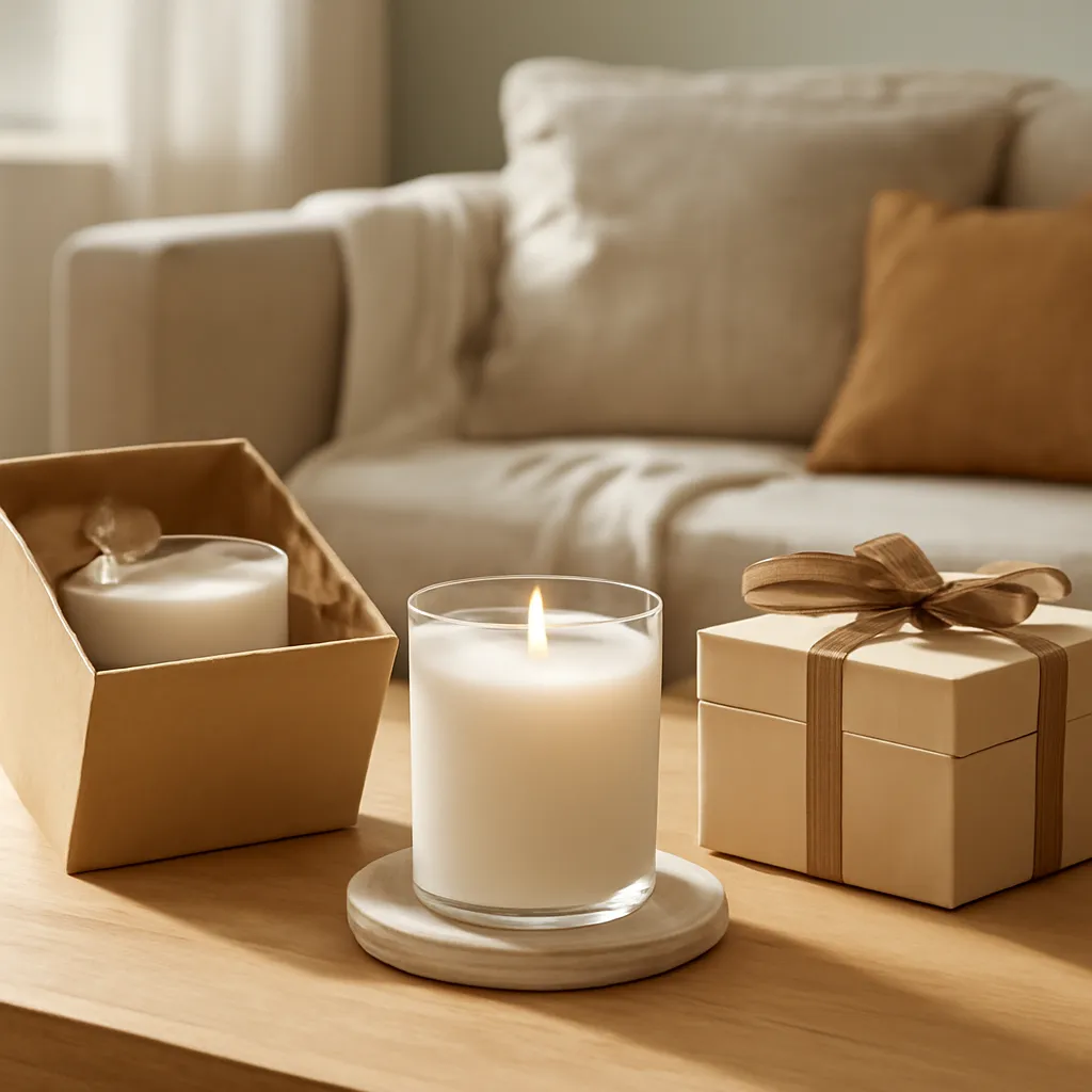 Commercial CTA image: gift-ready scented candle presentation related to warm early-autumn candle collection, premium ecommerce photography, no text