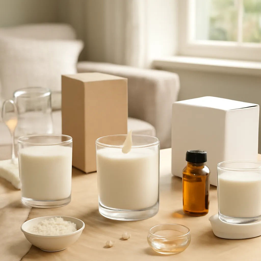 Commercial CTA image: premium scented candle presentation related to beginner-friendly candle fragrance oil workspace, gift-ready ecommerce styling, no text