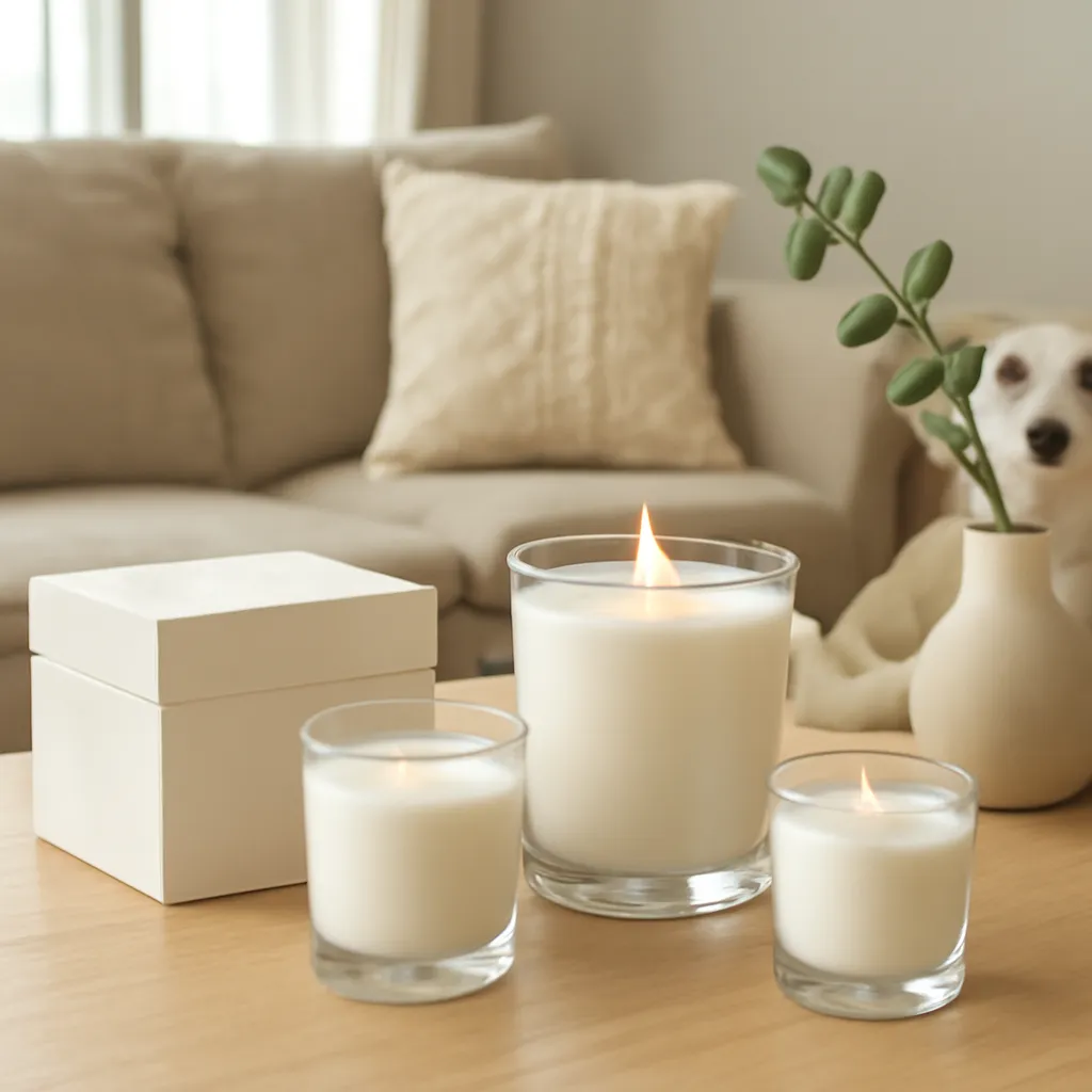 Commercial CTA image: premium scented candle presentation related to supervised scented candle use in a tidy pet-friendly home, gift-ready ecommerce styling, no text