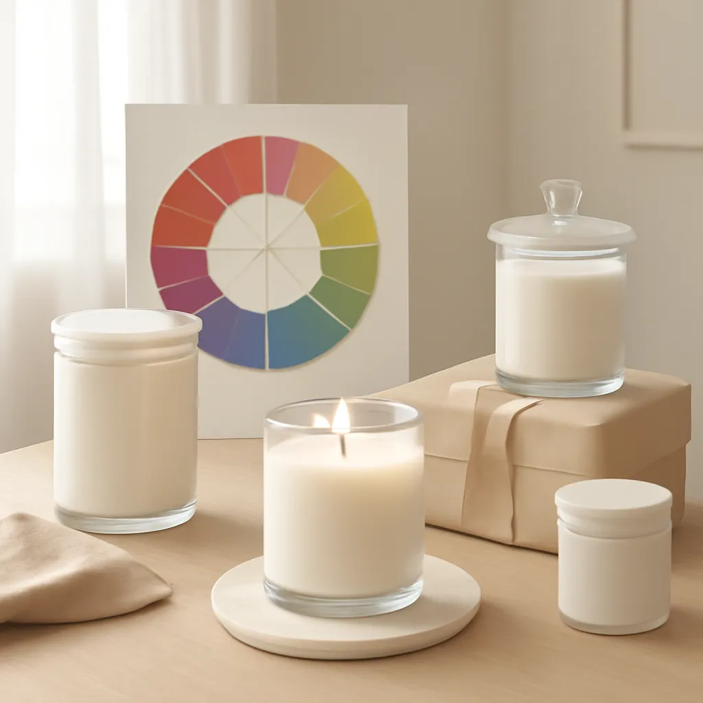 Commercial CTA image: premium scented candle presentation related to a fragrance wheel surrounded by elegant candle jars, gift-ready ecommerce styling, no text