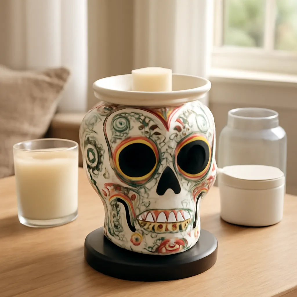 Commercial CTA image: gift-ready Skull Candle Warmer Lamp or skull wax warmer related to artful sugar skull candle warmer with refined colorful accents, premium ecommerce photography, no text