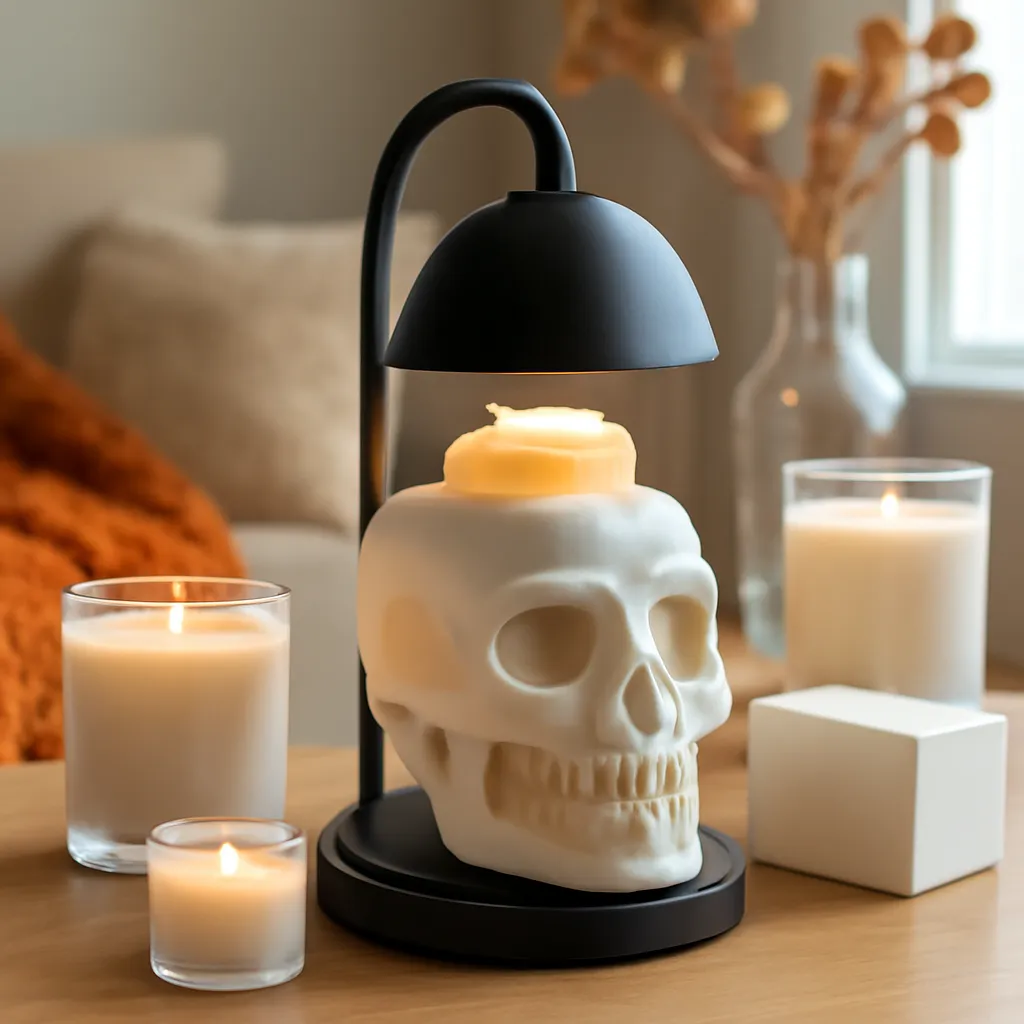 Commercial CTA image: gift-ready Skull Candle Warmer Lamp or skull wax warmer related to cozy Halloween fragrance corner with a skull candle warmer lamp, premium ecommerce photography, no text