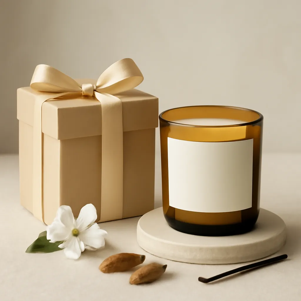 Commercial CTA image prompt — horizontal 4:3 premium ecommerce-meets-lifestyle photography. Present one elegant ivory or amber candle jar with a blank premium label, matching gift box, soft ribbon, sandalwood, vanilla and one apple blossom on a small stone pedestal. Keep the hero product tack-sharp and preserve clean negative space on the right side for a later call-to-action. Use soft caramel, warm ivory, oatmeal linen, muted walnut brown and restrained amber highlights, refined glass reflections, smooth realistic wax, accurate packaging edges, subtle pedestal depth and soft commercial lighting. The product should feel gift-ready, modern and credible for the US market while remaining unbranded and easy to customize. No generated text, no logo, no watermark, no fake reviews, no price claims, no excessive props, no distorted package geometry, no harsh glare.