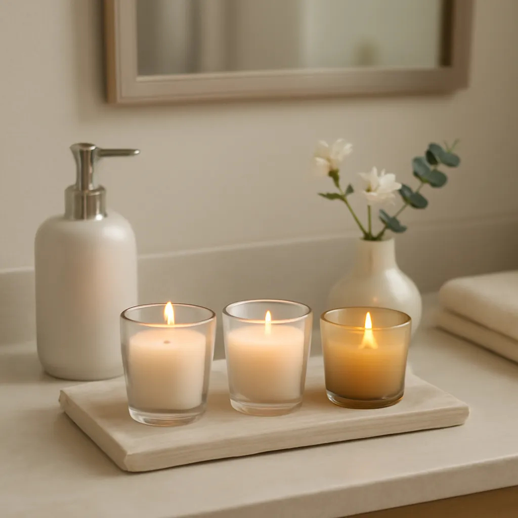 Create a serene premium lifestyle photograph showing scented votive candles used as sophisticated home decor in an elegant American guest bathroom. Place three small scented votive candles inside properly fitted heat-safe glass holders on a rectangular travertine or light stone tray. Use one clear glass holder, one softly frosted holder and one light amber holder. Arrange them as a balanced group of three, with slight differences in position but similar visual height. The votives must remain compact and clearly smaller than standard candle jars. Style the tray with a simple ceramic soap dispenser, a small vase containing two or three delicate white flowers and one subtle eucalyptus stem. Place a folded cream hand towel in the wider bathroom scene but keep it visibly separated from the flames. The candles should sit on a stable, heat-resistant surface with generous clearance from fabric, wall decor and other objects. Set the scene on a clean bathroom vanity with warm white stone, pale wood cabinetry and a softly reflected mirror in the background. Use gentle evening light or late-afternoon window light combined with subtle candle glow. Keep the background uncluttered and slightly out of focus while maintaining realistic reflections in the mirror and glass holders. The image should communicate how grouped votive candles can make a small room feel warm, intentional and relaxing without using a large centerpiece. Sophisticated neutral styling, realistic American home interior, calm spa-like atmosphere, editorial photography quality. No text, no labels, no logos, no watermark, no towels touching the holders, no candles positioned near the sink edge, no votive burning without a holder, no oversized flames, no tea lights in metal cups, no excessive spa props, no people and no artificial orange color cast.