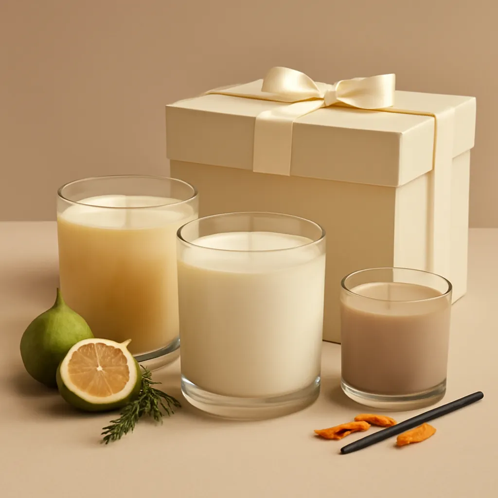 Create a premium ecommerce product image featuring a coordinated three-candle fragrance layering set designed to help users build a balanced home scent story. Show three elegant unlabeled candle jars arranged in a clear hierarchy: one primary candle in the center, one supporting candle slightly behind and to the left, and one accent candle slightly behind and to the right. Use subtly different wax or vessel tones within one cohesive neutral palette, such as warm ivory, pale amber and soft taupe, so the candles feel coordinated rather than identical. Place a few restrained fragrance cues around each candle: bergamot and fig near the primary candle, rose and cedar near the supporting candle, vanilla and amber near the accent candle. Include a premium rigid gift box, cream tissue paper and one simple ribbon to make the set feel gift-ready without distracting from the fragrance layering concept. Use a seamless warm beige studio background with soft directional shadows. Leave approximately 30–35% negative space on one side for a CTA, collection name or product copy. Focus on clean product presentation, realistic glass, smooth wax surfaces, crisp packaging edges and an elevated contemporary American ecommerce aesthetic. No generated text, no logos, no fake labels, no price tags, no perfume bottles, no excessive ingredients, no visible smoke, no duplicate objects, no distorted jars and no cluttered styling.