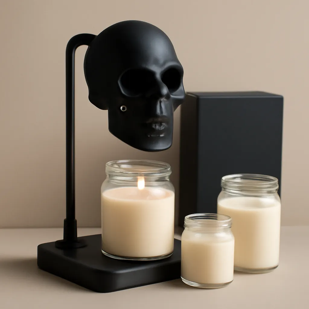 Create a premium ecommerce product image featuring a matte black skull candle warmer lamp presented with a small curated selection of compatible jar candle shapes. Place the skull candle warmer lamp as the dominant product in the center-left of the composition. Show one medium jar candle correctly positioned beneath the lamp head and two additional jar candles beside it: one short wide jar and one slightly taller narrow jar. Keep the jars neutral and unbranded, with smooth warm ivory or beige wax and realistic clear or softly frosted glass. The extra jars should act as visual compatibility examples without making unsupported claims that every jar will fit. Clearly show the adjustable vertical pole, stable base, upper skull lamp head and the open space beneath the bulb where different jars can be positioned. Use a clean seamless background in warm beige, charcoal or soft gray with subtle dramatic shadows. Add one premium rigid product box in dark neutral tones behind the lamp to create gift-ready ecommerce styling. Leave approximately 30–35% clean negative space on the right side for a CTA, product name or compatibility message to be added later. Use realistic studio lighting, crisp product detail, matte skull texture, controlled highlights on glass and a premium high-end ecommerce aesthetic. No generated text, no logos, no fake dimensions, no compatibility claims printed in the image, no price tags, no visible flame, no jar touching the lamp head, no distorted skull, no duplicate jars, no excessive Gothic props and no Halloween party decorations.