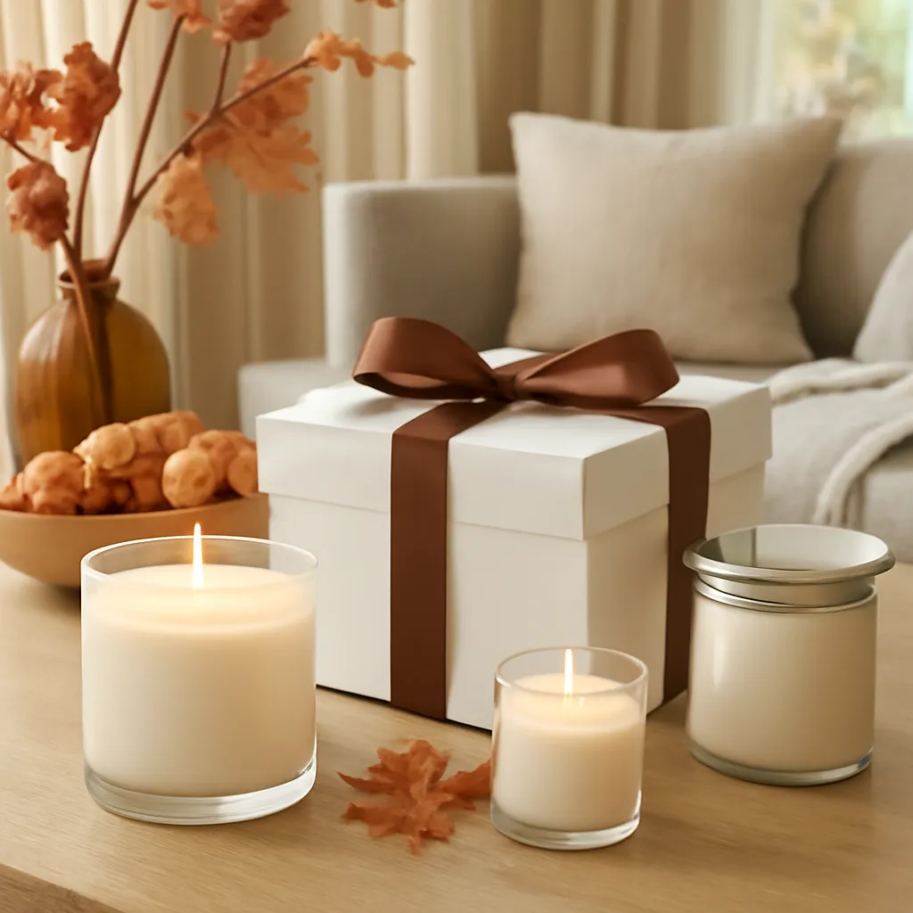 Commercial CTA image: elegant fall candle product presentation related to elegant fall hosting in an American living room, gift-ready styling, premium ecommerce photography, no text