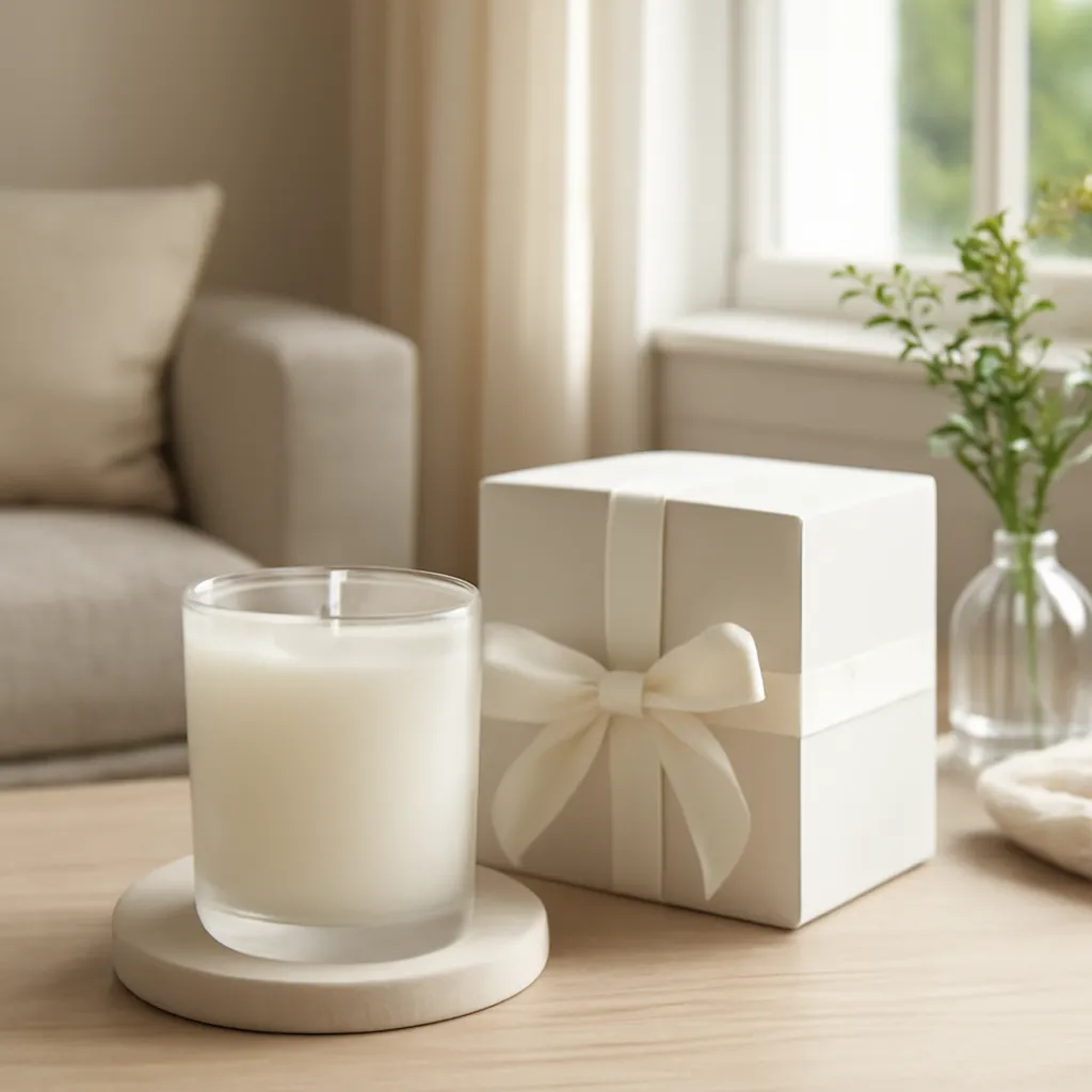Commercial CTA image: gift-ready scented candle presentation related to perfume-inspired candles styled in different rooms, premium ecommerce photography, no text