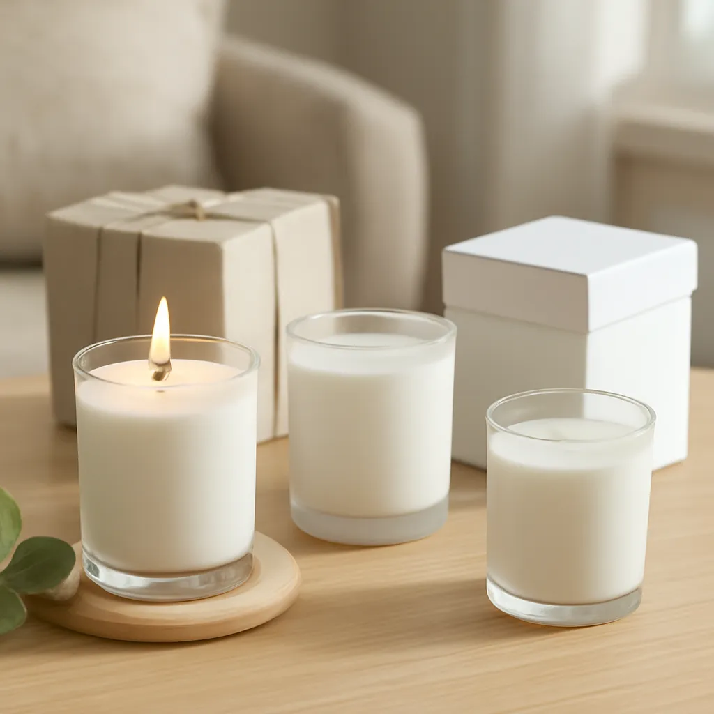 Commercial CTA image: premium scented candle presentation related to minimal soy candle collection with natural styling, gift-ready ecommerce styling, no text