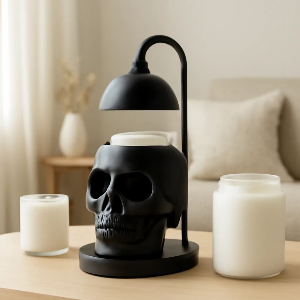 Commercial CTA image: gift-ready Skull Candle Warmer Lamp or skull wax warmer related to minimal Gothic wax warmer in a balanced neutral room, premium ecommerce photography, no text