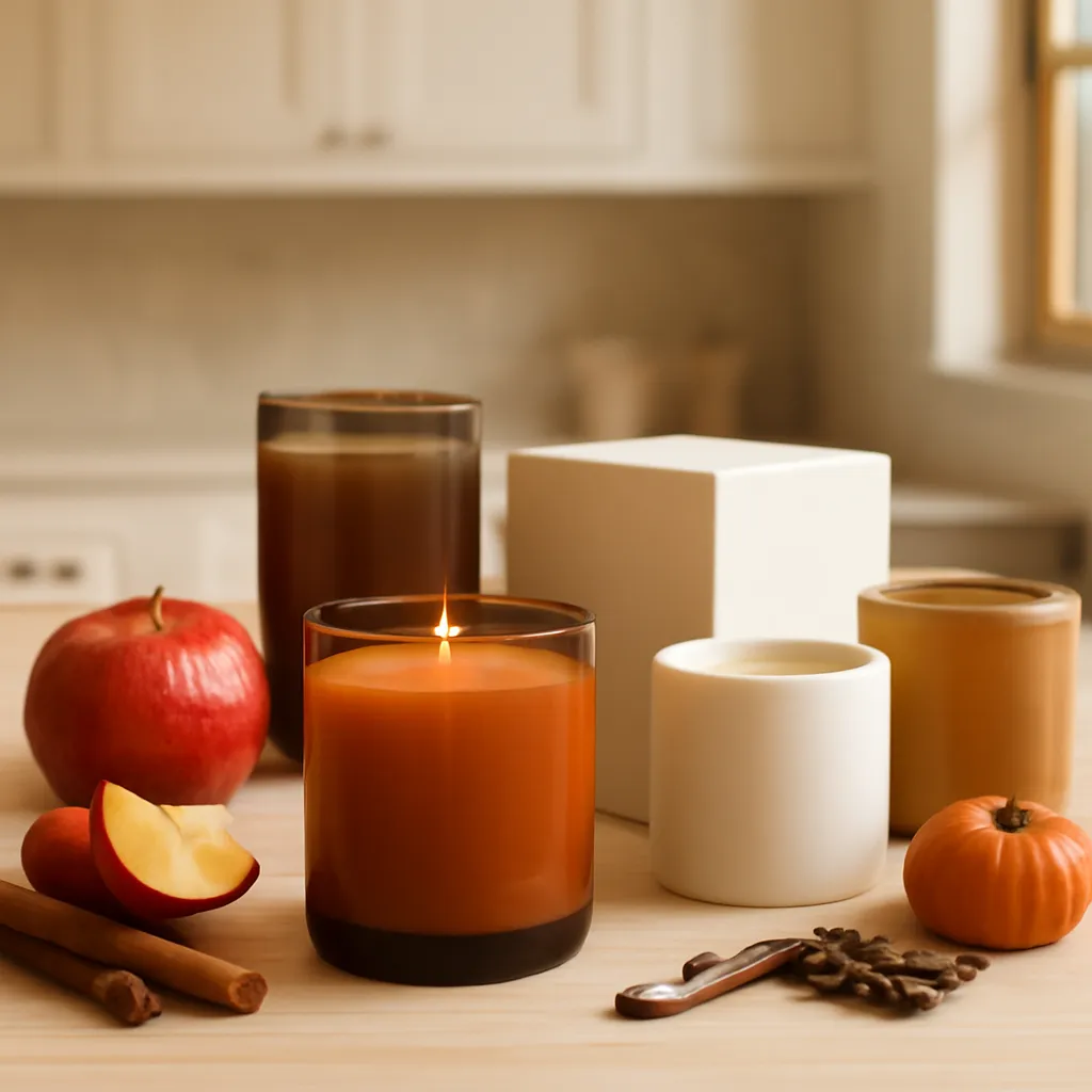 Premium ecommerce campaign image presenting an elegant fall candle collection designed for kitchen and dining spaces, inspired by apple, vanilla, cinnamon, coffee, pumpkin, and warm spice fragrance profiles. Feature three to four coordinated scented candle jars arranged as a polished product collection on a light beige stone or warm natural oak kitchen countertop. Position one hero candle slightly forward and centered as the primary focal point. Place the remaining candles behind it at slightly different heights to create depth while maintaining a clean symmetrical or softly asymmetrical commercial composition. Use sophisticated candle vessels such as amber glass, smoky brown glass, warm cream ceramic, or muted caramel-colored containers. Keep packaging elegant, minimal, and premium. Add fragrance-inspired ingredients around the products in small, carefully controlled groups: one fresh red apple with 1–2 slices, cinnamon sticks, one vanilla pod, a small amount of roasted coffee beans, and one miniature pumpkin. Keep all ingredients secondary to the candle collection. Include subtle gift-ready elements such as one premium cream or kraft candle box, a neatly folded ivory ribbon, soft linen fabric, or a minimalist wooden tray. Avoid oversized bows or overly festive holiday packaging. Background: softly blurred upscale American kitchen with cream cabinetry, natural oak accents, beige stone surfaces, and warm natural window light. The background should establish a kitchen lifestyle context while keeping full visual attention on the candle products. Lighting should resemble a premium fragrance advertising campaign: soft directional window light, controlled highlights on the glass, realistic reflections, natural shadows, and gentle depth of field. Color palette: cream, ivory, warm beige, amber, caramel, cinnamon brown, espresso, muted terracotta, deep apple red, and subtle pumpkin orange. High-end ecommerce product photography, premium US home fragrance campaign aesthetic, photorealistic glass and wax textures, gift-ready styling, clean composition, sophisticated fall mood, no people, no visible brand names, no text, no logos, no Halloween styling, no excessive decorative leaves, no rustic farmhouse aesthetic.