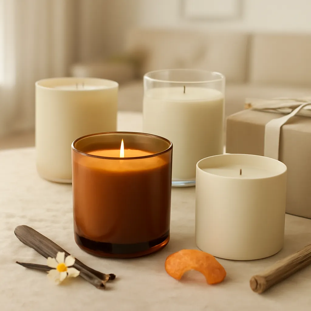Premium ecommerce campaign image featuring a curated collection of high-quality scented candles designed to visually reinforce the final buying decision. Arrange three to five elegant candle jars on a light travertine, beige stone, or warm natural wood surface. Use a coordinated mix of amber glass, clear glass, cream ceramic, and muted neutral vessels. Position one hero candle slightly forward and centered, with the remaining candles arranged behind it at varying heights. Make the products look carefully selected rather than like a large generic assortment. Include subtle buying-quality cues: smooth even wax surfaces, centered cotton or wooden wicks, clean vessel edges, fitted lids, premium packaging boxes, and consistent product finishing. Add restrained fragrance ingredients such as vanilla bean, citrus peel, sandalwood, or soft botanical elements around the collection. Keep all scent ingredients secondary to the products. Include one elegant gift-ready box, folded neutral ribbon, or minimal kraft packaging to suggest a polished ecommerce purchase experience. Background should be a softly blurred upscale American living room or home interior with cream walls, natural oak details, and warm daylight. Lighting: soft commercial studio light mixed with natural window light, realistic glass reflections, clean highlights, detailed wax texture, soft controlled shadows. Color palette: ivory, warm beige, amber, caramel, natural wood, muted brown, and soft neutral accents. Premium US home fragrance advertising photography, sophisticated ecommerce aesthetic, photorealistic, clean luxury styling, uncluttered composition, no visible brand names, no text, no logos, no price labels, no excessive flowers or seasonal decoration.