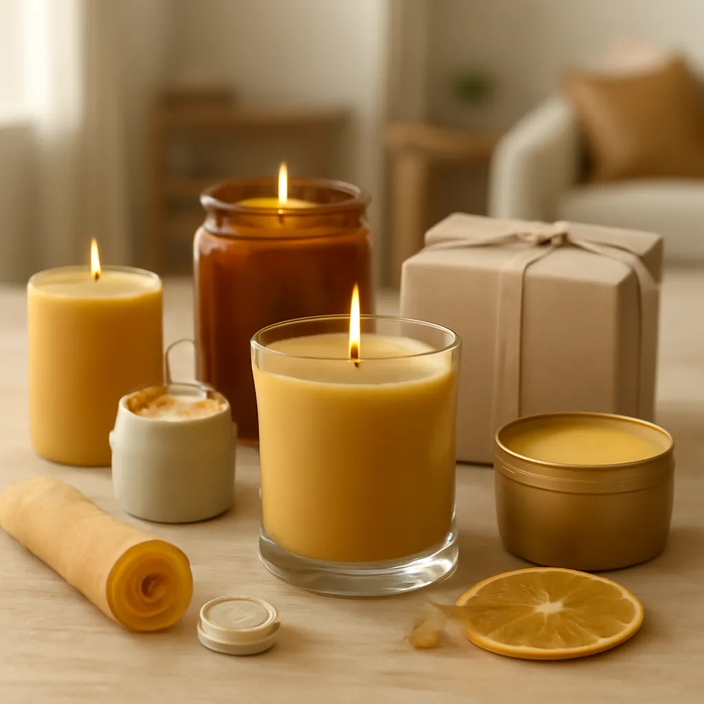 Premium ecommerce campaign photograph featuring a refined, gift-ready collection of scented beeswax candles. Arrange three to four elegant beeswax candles as a coordinated product collection on a light beige stone or warm natural wood surface. Use sophisticated vessels such as clear glass, amber glass, warm cream ceramic, or simple premium tins. Keep the wax visible in natural honey-gold, amber, or warm yellow beeswax tones. Position one hero candle slightly forward and centered as the main focal point. Arrange the remaining candles behind it at different heights to create depth while maintaining a clean premium composition. Include subtle gift-ready styling such as one elegant cream or kraft box, a neatly folded neutral ribbon, soft linen fabric, or a minimalist wooden tray. Add restrained beeswax cues around the collection: one small piece of natural honeycomb, a neatly rolled beeswax sheet, a cotton wick spool, and a few small amber wax pieces. To suggest fragranced options, include only one or two subtle scent elements such as vanilla bean, dried orange peel, or sandalwood. Keep these ingredients secondary to the candle products. Background should be softly blurred and suggest a sophisticated contemporary American home with cream walls, natural wood accents, warm neutral furniture, and soft daylight. Lighting should resemble a premium home-fragrance advertising campaign with controlled highlights on the glass, realistic wax texture, soft natural shadows, and warm inviting depth. Color palette: honey gold, amber, cream, beige, soft caramel, linen white, natural oak, and warm brown. Premium US ecommerce photography, luxury home fragrance campaign aesthetic, realistic materials, polished gift-ready presentation, photorealistic, clean composition, no people, no text, no logos, no visible brand names, no excessive florals, no rustic styling.