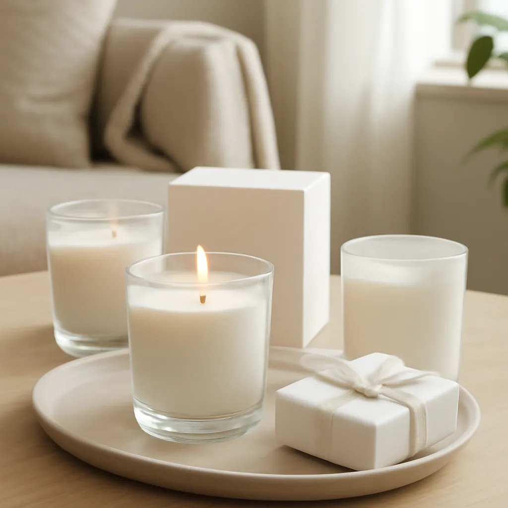 Commercial CTA image: premium scented candle presentation related to long-lasting candle fragrance in a calm living space, gift-ready ecommerce styling, no text