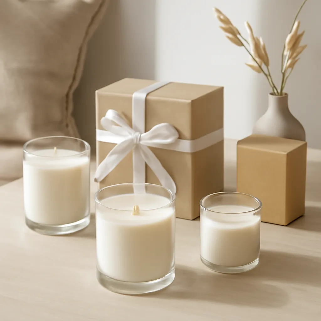 Commercial CTA image: premium scented candle presentation related to minimal soy candle collection with natural modern styling, gift-ready ecommerce styling, no text