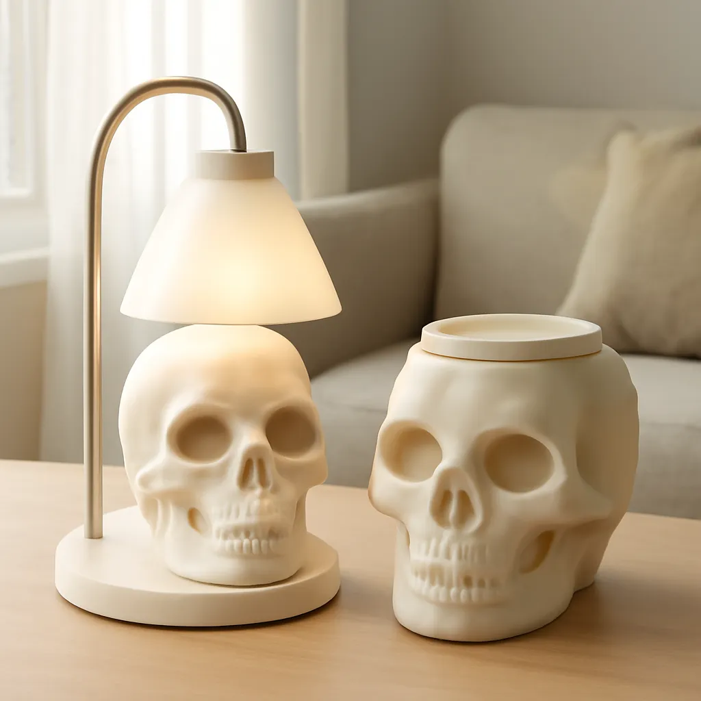 Commercial CTA image: gift-ready Skull Candle Warmer Lamp or skull wax warmer related to skull wax burner and skull candle warmer displayed side by side, premium ecommerce photography, no text
