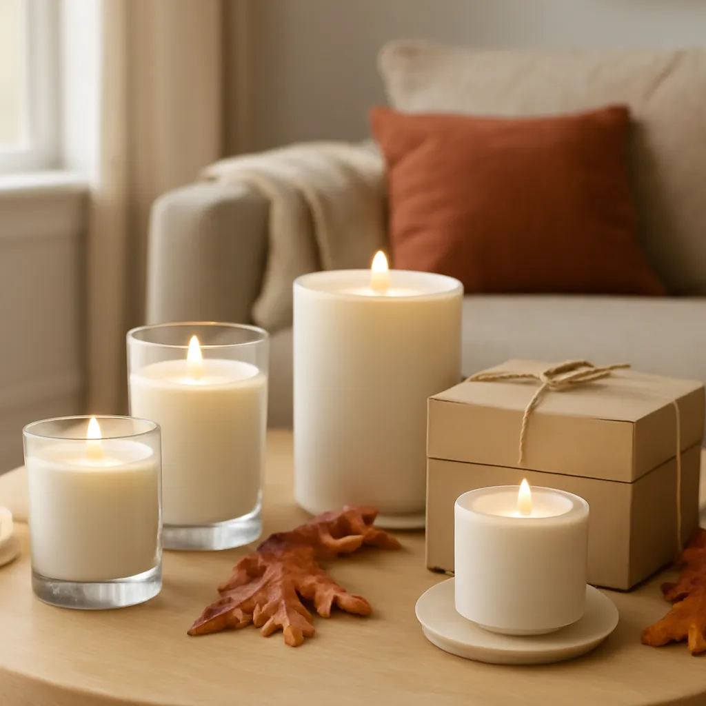 Commercial CTA image: elegant fall candle product presentation related to sophisticated non-sweet autumn candle selection, gift-ready styling, premium ecommerce photography, no text
