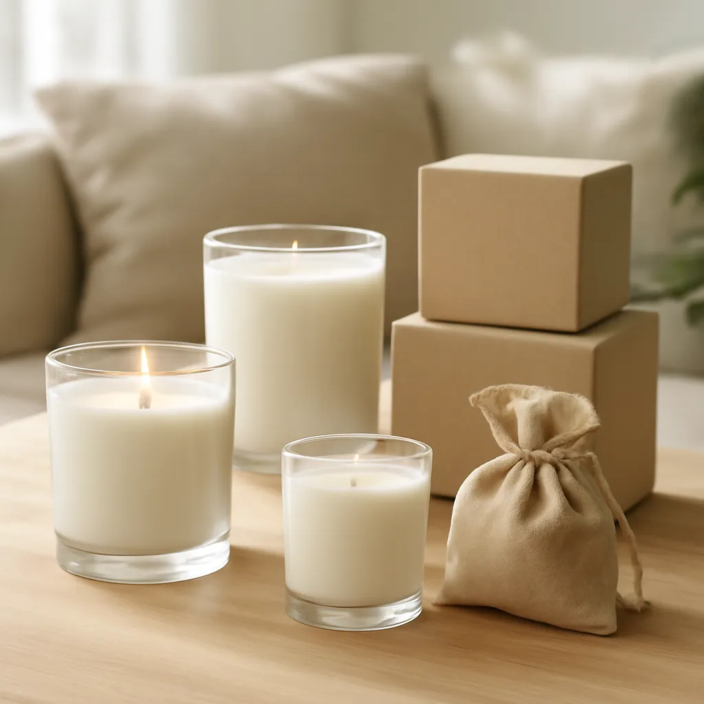 Commercial CTA image: premium scented candle presentation related to clean natural-style candle labels and materials, gift-ready ecommerce styling, no text