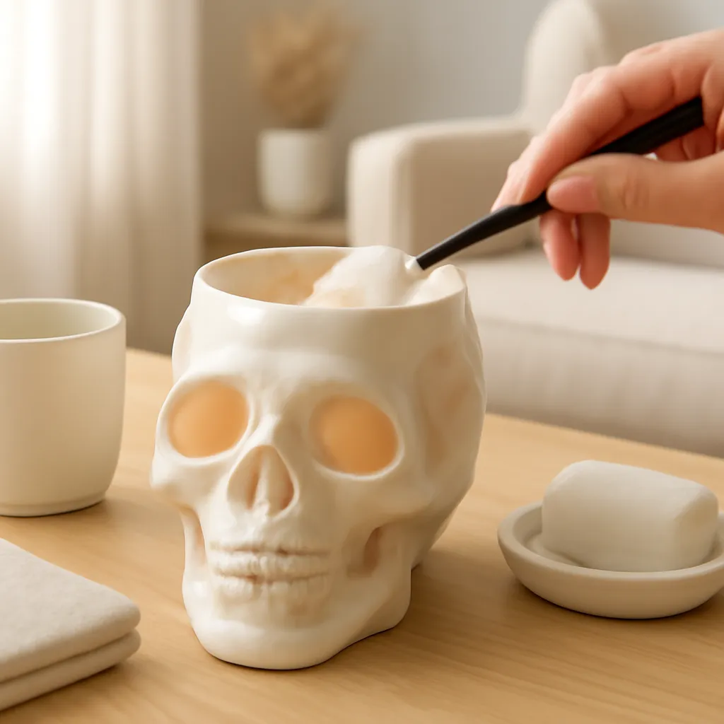 Commercial CTA image: gift-ready Skull Candle Warmer Lamp or skull wax warmer related to cleaning a skull wax warmer with soft non-abrasive tools, premium ecommerce photography, no text