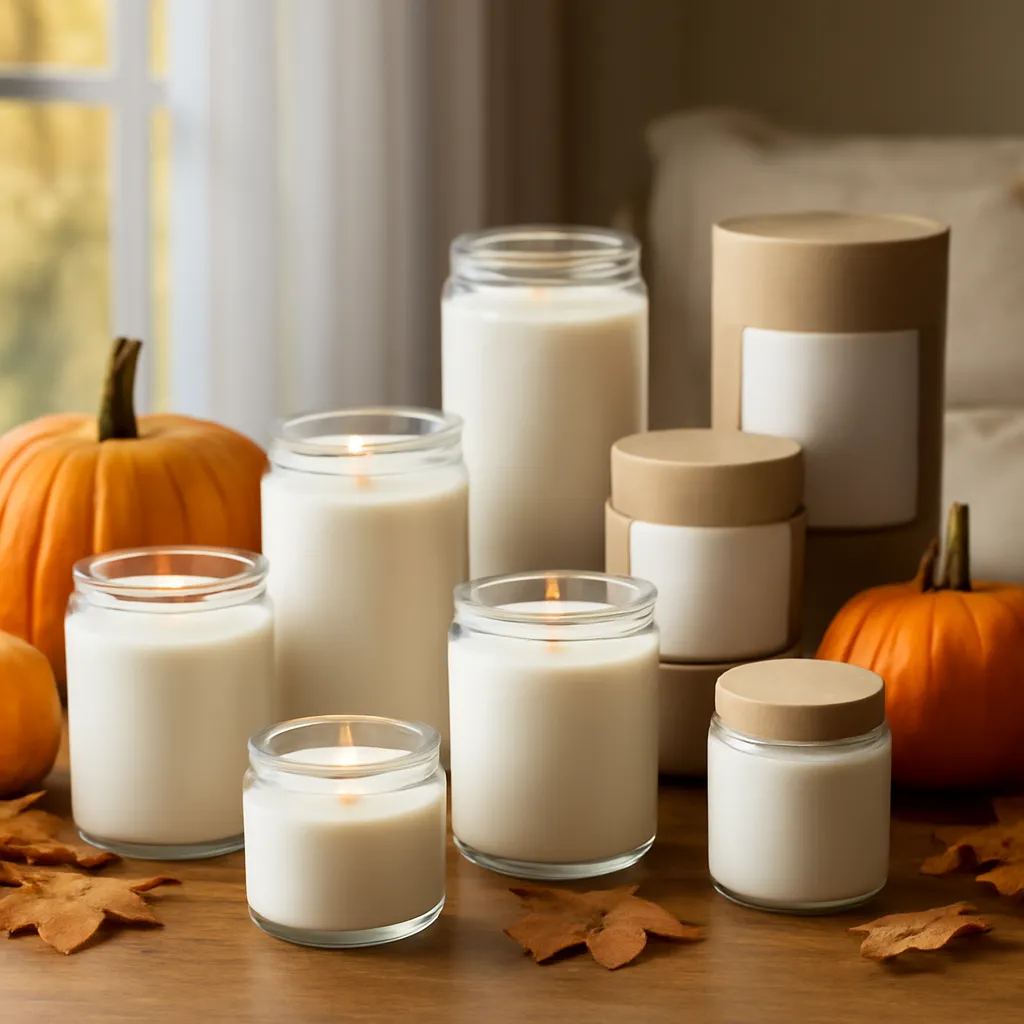 Commercial CTA image: elegant fall candle product presentation related to ten sophisticated pumpkin scent concepts, gift-ready styling, premium ecommerce photography, no text