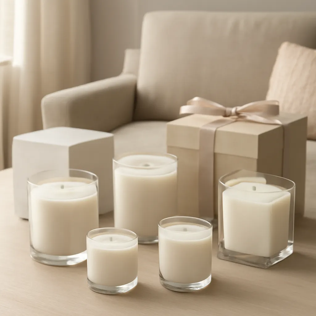 Commercial CTA image: premium scented candle presentation related to multiple candle jar shapes compared in a studio, gift-ready ecommerce styling, no text