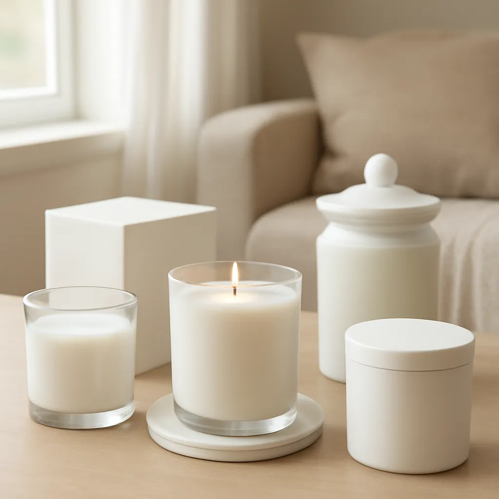 Commercial CTA image: premium scented candle presentation related to multiple premium jar candle shapes compared in a studio, gift-ready ecommerce styling, no text