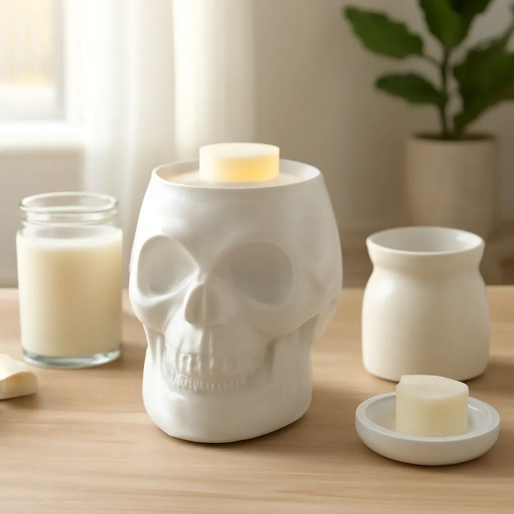 Commercial CTA image: gift-ready Skull Candle Warmer Lamp or skull wax warmer related to skull jar warmer and tart warmer compared for scent control, premium ecommerce photography, no text