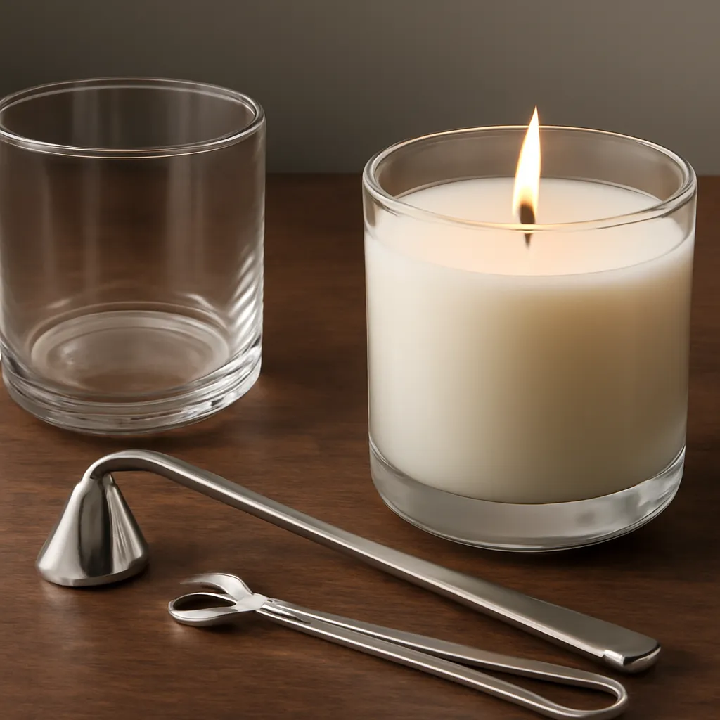Create an educational overview visual focused on correct burn habits. Show a premium scented candle in a clean glass vessel with wick tools and a realistic wax surface in a clean, easy-to-read composition. Use object placement, arrows/shapes implied by composition, and clear before/after or cause/effect spacing, but do not generate any text. Canvas size 2000 × 1500 px, photorealistic premium commercial photography, dark walnut surface with soft directional evening light. Keep the composition clean and editorial, with one clear focal point and realistic scale. Candle vessels should be physically correct, with smooth glass and believable wax surfaces; any flame must be small and realistic and should appear only when context requires it. Use restrained props that directly support "Candle Care 2026: How to Burn Scented Candles the Right Way". Avoid excessive seasonal décor, duplicated ingredient arrangements, surreal fragrance smoke, AI artifacts, noisy textures, distorted hands, unreadable labels, typography, icons, logos and watermarks. Leave a small area of negative space for optional manual annotations. Crisp detail, natural shadows, realistic color balance and subtle depth of field.