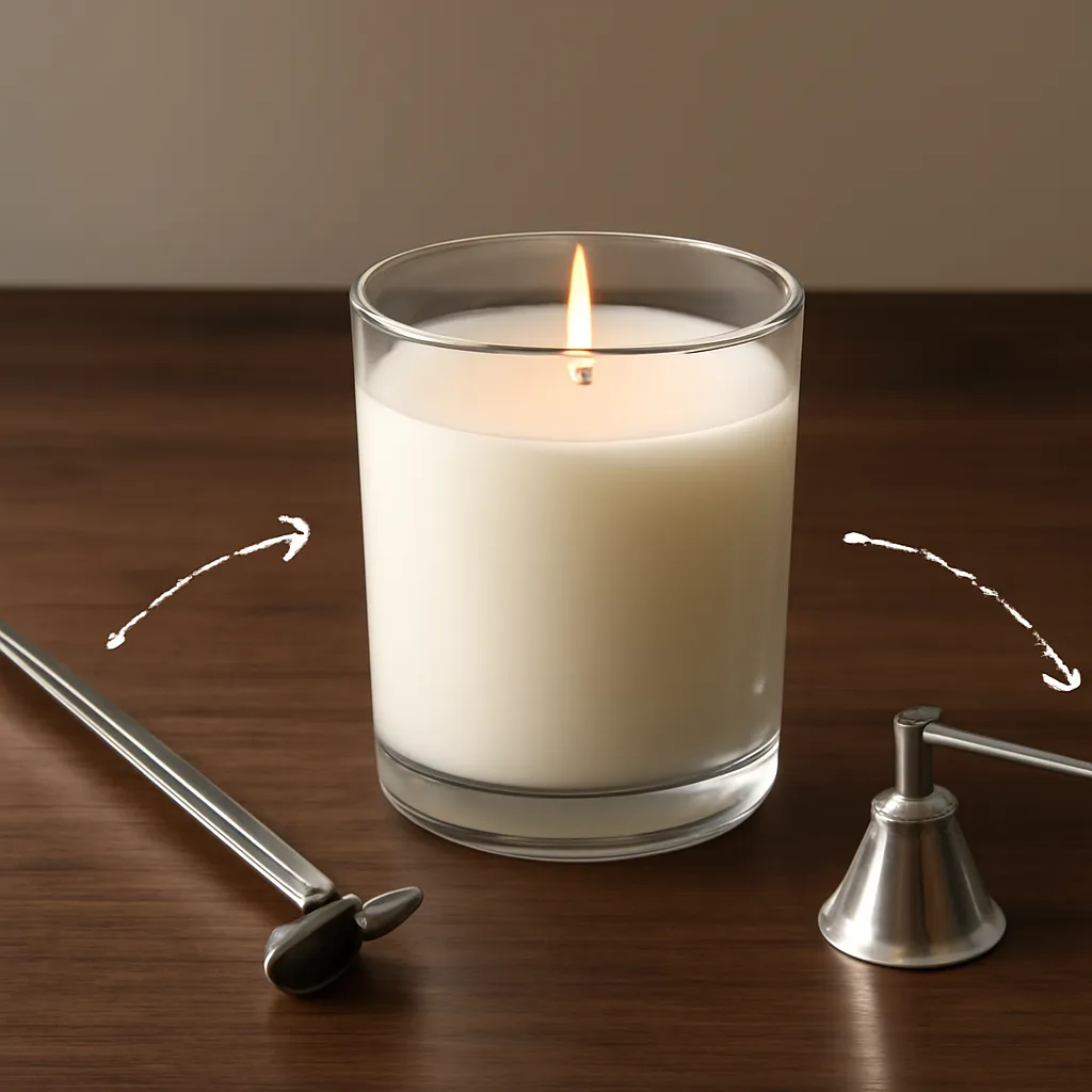 Create an educational overview visual focused on recommended burn-session logic. Show a premium scented candle in a clean glass vessel with wick tools and a realistic wax surface in a clean, easy-to-read composition. Use object placement, arrows/shapes implied by composition, and clear before/after or cause/effect spacing, but do not generate any text. Canvas size 2000 × 1500 px, photorealistic premium commercial photography, dark walnut surface with soft directional evening light. Keep the composition clean and editorial, with one clear focal point and realistic scale. Candle vessels should be physically correct, with smooth glass and believable wax surfaces; any flame must be small and realistic and should appear only when context requires it. Use restrained props that directly support "First Burn Candle Care: How Long Should You Burn a New Candle?". Avoid excessive seasonal décor, duplicated ingredient arrangements, surreal fragrance smoke, AI artifacts, noisy textures, distorted hands, unreadable labels, typography, icons, logos and watermarks. Leave a small area of negative space for optional manual annotations. Crisp detail, natural shadows, realistic color balance and subtle depth of field.
