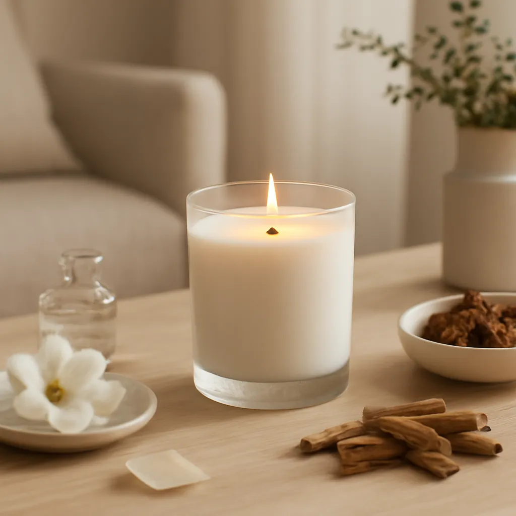 Create an educational overview visual focused on fragrance families and note structure. Show a premium scented candle surrounded by restrained fragrance ingredients and a carefully styled home interior in a clean, easy-to-read composition. Use object placement, arrows/shapes implied by composition, and clear before/after or cause/effect spacing, but do not generate any text. Canvas size 2000 × 1500 px, photorealistic premium commercial photography, clean modern apartment palette with warm neutrals. Keep the composition clean and editorial, with one clear focal point and realistic scale. Candle vessels should be physically correct, with smooth glass and believable wax surfaces; any flame must be small and realistic and should appear only when context requires it. Use restrained props that directly support "Candle Scent Families Explained: Floral, Woody, Fresh and Gourmand". Avoid excessive seasonal décor, duplicated ingredient arrangements, surreal fragrance smoke, AI artifacts, noisy textures, distorted hands, unreadable labels, typography, icons, logos and watermarks. Leave a small area of negative space for optional manual annotations. Crisp detail, natural shadows, realistic color balance and subtle depth of field.