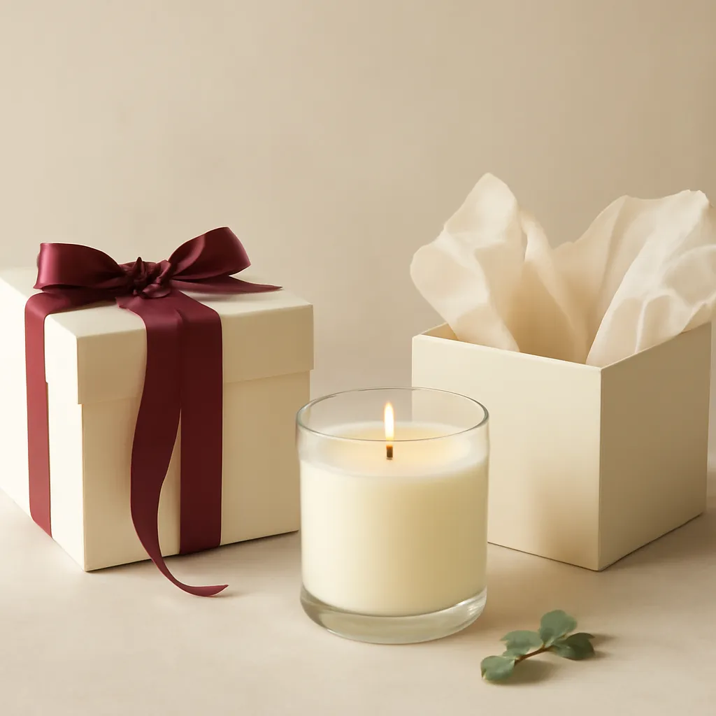 Create an educational overview visual focused on recipient and occasion. Show a premium scented candle presented in tasteful gift-ready packaging with ribbon and tissue in a clean, easy-to-read composition. Use object placement, arrows/shapes implied by composition, and clear before/after or cause/effect spacing, but do not generate any text. Canvas size 2000 × 1500 px, photorealistic premium commercial photography, soft ivory paper with muted burgundy ribbon accents. Keep the composition clean and editorial, with one clear focal point and realistic scale. Candle vessels should be physically correct, with smooth glass and believable wax surfaces; any flame must be small and realistic and should appear only when context requires it. Use restrained props that directly support "Are Candles a Good Gift? When They Work and How to Choose One". Avoid excessive seasonal décor, duplicated ingredient arrangements, surreal fragrance smoke, AI artifacts, noisy textures, distorted hands, unreadable labels, typography, icons, logos and watermarks. Leave a small area of negative space for optional manual annotations. Crisp detail, natural shadows, realistic color balance and subtle depth of field.