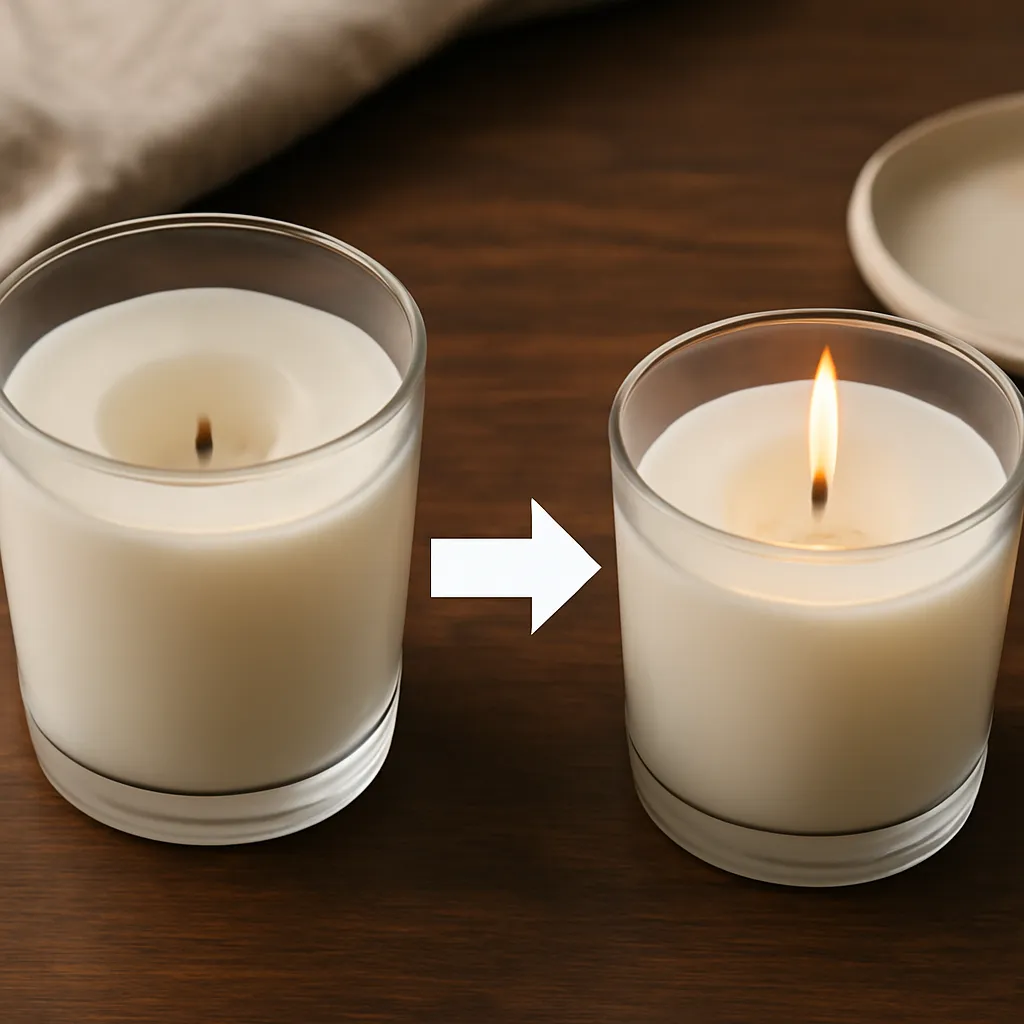 Create an educational overview visual focused on what candle tunneling looks like. Show a candle with a deep central wax tunnel and a clearly visible unmelted wax ring in a clean, easy-to-read composition. Use object placement, arrows/shapes implied by composition, and clear before/after or cause/effect spacing, but do not generate any text. Canvas size 2000 × 1500 px, photorealistic premium commercial photography, dark walnut surface with soft directional evening light. Keep the composition clean and editorial, with one clear focal point and realistic scale. Candle vessels should be physically correct, with smooth glass and believable wax surfaces; any flame must be small and realistic and should appear only when context requires it. Use restrained props that directly support "Candle Tunneling Prevention: Essential Candle Care Tips for 2026". Avoid excessive seasonal décor, duplicated ingredient arrangements, surreal fragrance smoke, AI artifacts, noisy textures, distorted hands, unreadable labels, typography, icons, logos and watermarks. Leave a small area of negative space for optional manual annotations. Crisp detail, natural shadows, realistic color balance and subtle depth of field.