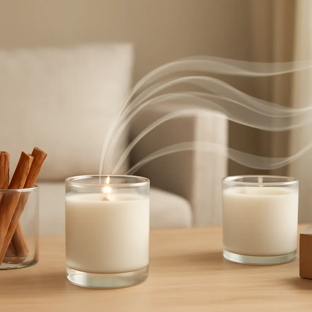 Create an educational overview visual focused on cold throw versus hot throw. Show a lit candle in a room with subtle translucent airflow arcs illustrating fragrance dispersion in a clean, easy-to-read composition. Use object placement, arrows/shapes implied by composition, and clear before/after or cause/effect spacing, but do not generate any text. Canvas size 2000 × 1500 px, photorealistic premium commercial photography, clean modern apartment palette with warm neutrals. Keep the composition clean and editorial, with one clear focal point and realistic scale. Candle vessels should be physically correct, with smooth glass and believable wax surfaces; any flame must be small and realistic and should appear only when context requires it. Use restrained props that directly support "What Is Scent Throw in Candles? 2026 Cold vs Hot Throw Guide". Avoid excessive seasonal décor, duplicated ingredient arrangements, surreal fragrance smoke, AI artifacts, noisy textures, distorted hands, unreadable labels, typography, icons, logos and watermarks. Leave a small area of negative space for optional manual annotations. Crisp detail, natural shadows, realistic color balance and subtle depth of field.