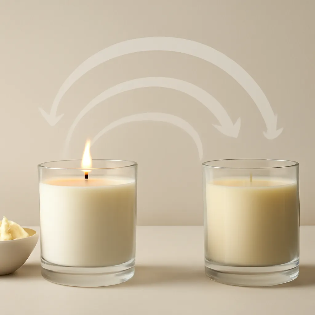Create an educational overview visual focused on cold throw versus hot throw. Show a lit candle in a room with subtle translucent airflow arcs illustrating fragrance dispersion in a clean, easy-to-read composition. Use object placement, arrows/shapes implied by composition, and clear before/after or cause/effect spacing, but do not generate any text. Canvas size 2000 × 1500 px, photorealistic premium commercial photography, minimal beige comparison studio. Keep the composition clean and editorial, with one clear focal point and realistic scale. Candle vessels should be physically correct, with smooth glass and believable wax surfaces; any flame must be small and realistic and should appear only when context requires it. Use restrained props that directly support "Soy Wax vs Beeswax 2026: Burn Time, Scent Throw and Cost". Avoid excessive seasonal décor, duplicated ingredient arrangements, surreal fragrance smoke, AI artifacts, noisy textures, distorted hands, unreadable labels, typography, icons, logos and watermarks. Leave a small area of negative space for optional manual annotations. Crisp detail, natural shadows, realistic color balance and subtle depth of field.
