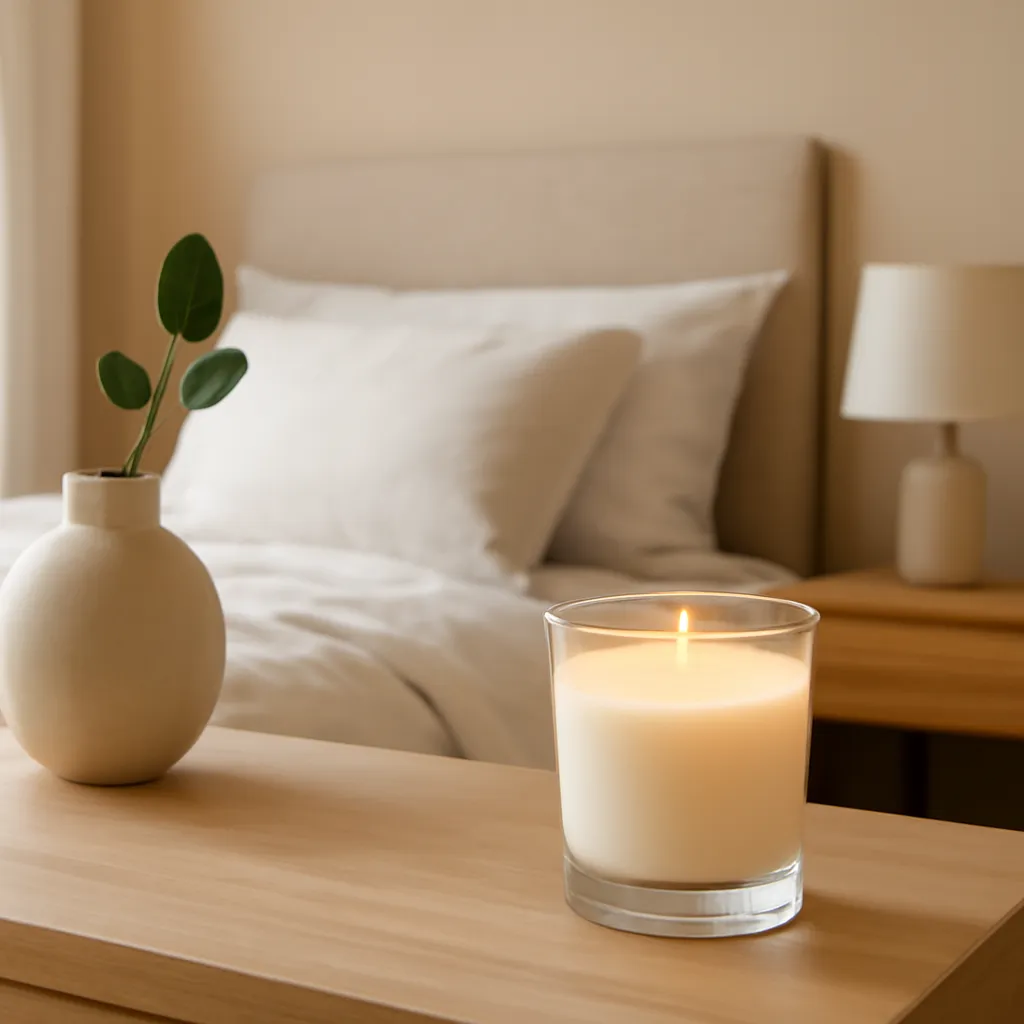 Create an educational overview visual focused on scent intensity for sleeping spaces. Show a serene modern bedroom with one scented candle on a stable bedside surface in a clean, easy-to-read composition. Use object placement, arrows/shapes implied by composition, and clear before/after or cause/effect spacing, but do not generate any text. Canvas size 2000 × 1500 px, photorealistic premium commercial photography, warm contemporary living-room palette. Keep the composition clean and editorial, with one clear focal point and realistic scale. Candle vessels should be physically correct, with smooth glass and believable wax surfaces; any flame must be small and realistic and should appear only when context requires it. Use restrained props that directly support "How to Make Your Bedroom Smell Good All Day in 2026". Avoid excessive seasonal décor, duplicated ingredient arrangements, surreal fragrance smoke, AI artifacts, noisy textures, distorted hands, unreadable labels, typography, icons, logos and watermarks. Leave a small area of negative space for optional manual annotations. Crisp detail, natural shadows, realistic color balance and subtle depth of field.
