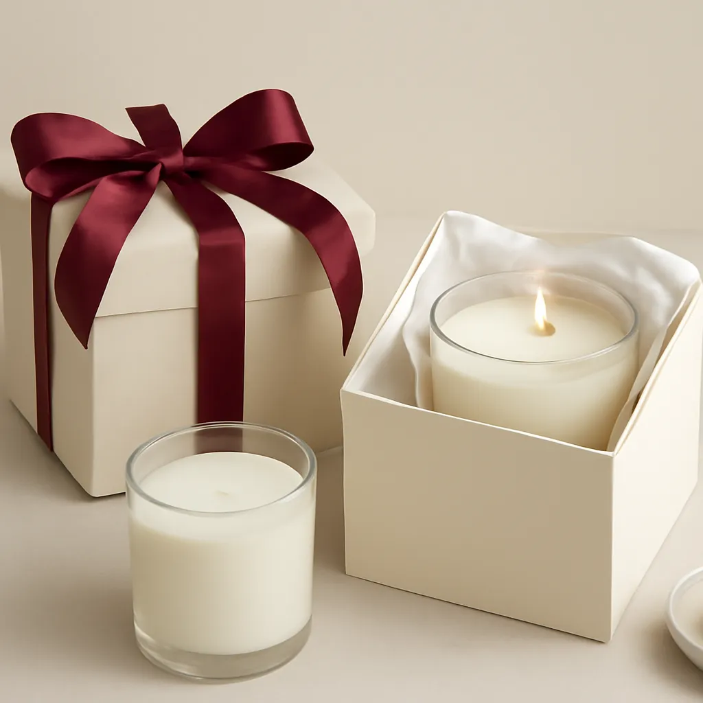 Create an educational overview visual focused on recipient and occasion. Show a premium scented candle presented in tasteful gift-ready packaging with ribbon and tissue in a clean, easy-to-read composition. Use object placement, arrows/shapes implied by composition, and clear before/after or cause/effect spacing, but do not generate any text. Canvas size 2000 × 1500 px, photorealistic premium commercial photography, soft ivory paper with muted burgundy ribbon accents. Keep the composition clean and editorial, with one clear focal point and realistic scale. Candle vessels should be physically correct, with smooth glass and believable wax surfaces; any flame must be small and realistic and should appear only when context requires it. Use restrained props that directly support "Best Candle Gifts for Women in 2026: Scent & Style Guide". Avoid excessive seasonal décor, duplicated ingredient arrangements, surreal fragrance smoke, AI artifacts, noisy textures, distorted hands, unreadable labels, typography, icons, logos and watermarks. Leave a small area of negative space for optional manual annotations. Crisp detail, natural shadows, realistic color balance and subtle depth of field.