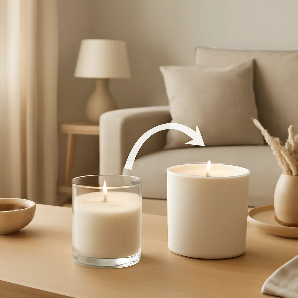 Create an educational overview visual focused on cold throw versus hot throw. Show a candle positioned thoughtfully in a medium-size living room with gentle airflow cues in a clean, easy-to-read composition. Use object placement, arrows/shapes implied by composition, and clear before/after or cause/effect spacing, but do not generate any text. Canvas size 2000 × 1500 px, photorealistic premium commercial photography, clean modern apartment palette with warm neutrals. Keep the composition clean and editorial, with one clear focal point and realistic scale. Candle vessels should be physically correct, with smooth glass and believable wax surfaces; any flame must be small and realistic and should appear only when context requires it. Use restrained props that directly support "Why Do Some Candle Scents Smell Stronger Than Others? 2026 Guide". Avoid excessive seasonal décor, duplicated ingredient arrangements, surreal fragrance smoke, AI artifacts, noisy textures, distorted hands, unreadable labels, typography, icons, logos and watermarks. Leave a small area of negative space for optional manual annotations. Crisp detail, natural shadows, realistic color balance and subtle depth of field.