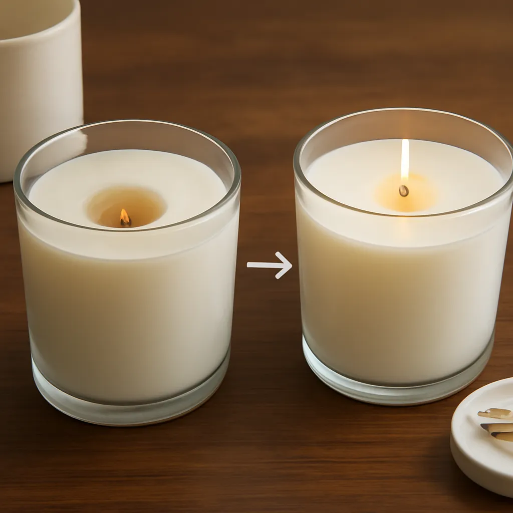 Create an educational overview visual focused on what candle tunneling looks like. Show a candle with a deep central wax tunnel and a clearly visible unmelted wax ring in a clean, easy-to-read composition. Use object placement, arrows/shapes implied by composition, and clear before/after or cause/effect spacing, but do not generate any text. Canvas size 2000 × 1500 px, photorealistic premium commercial photography, dark walnut surface with soft directional evening light. Keep the composition clean and editorial, with one clear focal point and realistic scale. Candle vessels should be physically correct, with smooth glass and believable wax surfaces; any flame must be small and realistic and should appear only when context requires it. Use restrained props that directly support "How to Fix Candle Tunneling and Restore an Even Wax Pool". Avoid excessive seasonal décor, duplicated ingredient arrangements, surreal fragrance smoke, AI artifacts, noisy textures, distorted hands, unreadable labels, typography, icons, logos and watermarks. Leave a small area of negative space for optional manual annotations. Crisp detail, natural shadows, realistic color balance and subtle depth of field.
